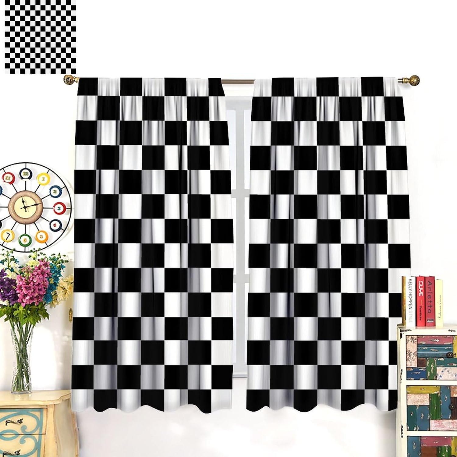 Racing Car Curtains for Boys Room Decor Race Car Game Theme Racecar Checkered Flag Rod Pocket Window Treatments Drapes for Living Room Kitchen Home Decor W21xL45in 2 Panels Decor