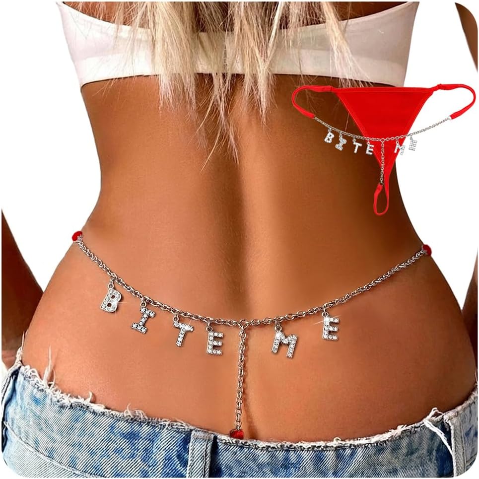 Sexy Underwear for Women G-String Thongs Rhinestone Letter Chain Adjustable Silk-Smooth Panties Cute Funny Lingerie