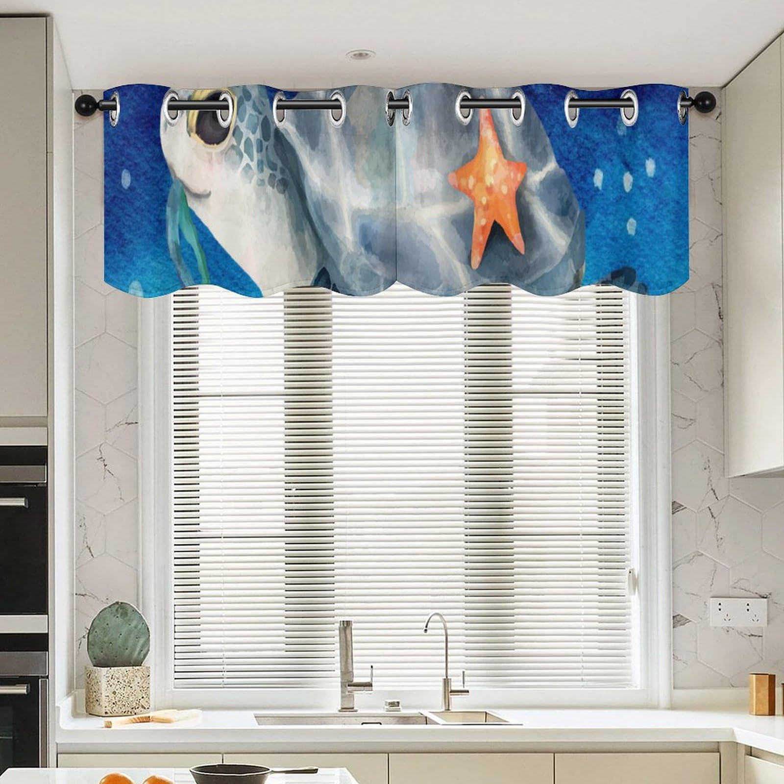 Cortinas de cocina con diseño de tortuga marina y temática de playa vintage, 52x18", pack de 2
