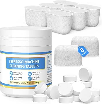 Cleaning Tablets and Water Filters for Breville Espresso Machines, Cleaning Kit for Breville - 60 Count 2g Espresso Machine Tablets and 8 Water Filters - 16 Months Supply