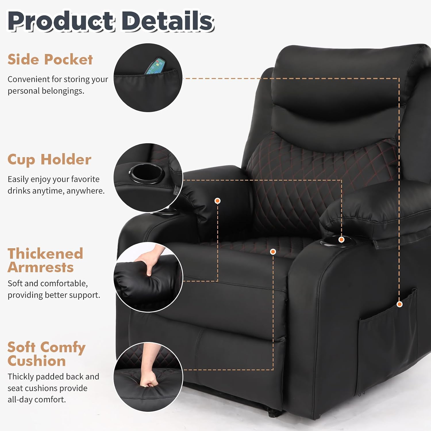 Overstuffed Massage Recliner Chair with Heat, Wide Seat Reclining Chair for Home Theater, Heated Massaging Manual Recliner Chairs with Cup Holders, Black