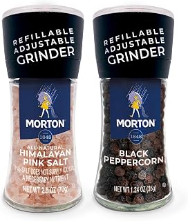 Morton Himalayan Pink Salt Grinder (2.5 oz) & Black Peppercorn Grinder (1.25 oz) Set, 2-Pack, Adjustable Refillable Grinders for Cooking, Seasoning, and Finishing