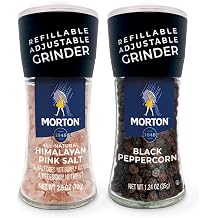 Morton Salt Grinder Set, Himalayan Pink Salt & Black Peppercorn, 2-Pack | Salt and pepper grinder, adjustable grind and refillable tops, perfect for cooking, seasoning, and finishing, 2.5 & 1.25 oz