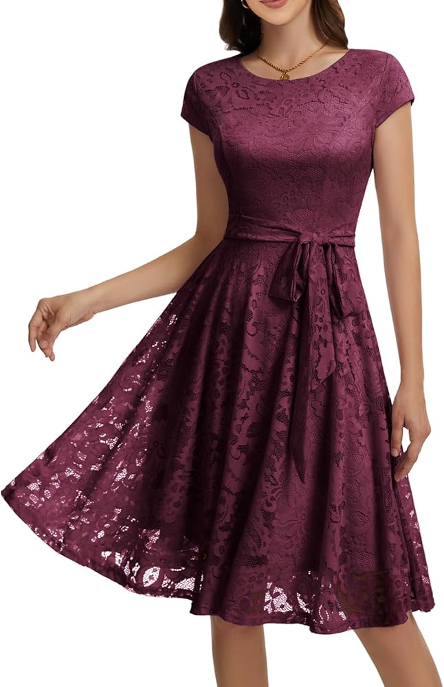 Amazon.com: MUADRESS Women Cap-Sleeve Lace Floral Elegant Cocktail Dress  Crew Neck Knee Length Bridesmaid Prom Dresses for Party Burgundy XS :  Clothing, Shoes & Jewelry