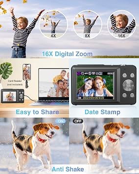 Digital Camera, FHD 1080P Point and Shoot Camera for Kids Teens, 32GB Card