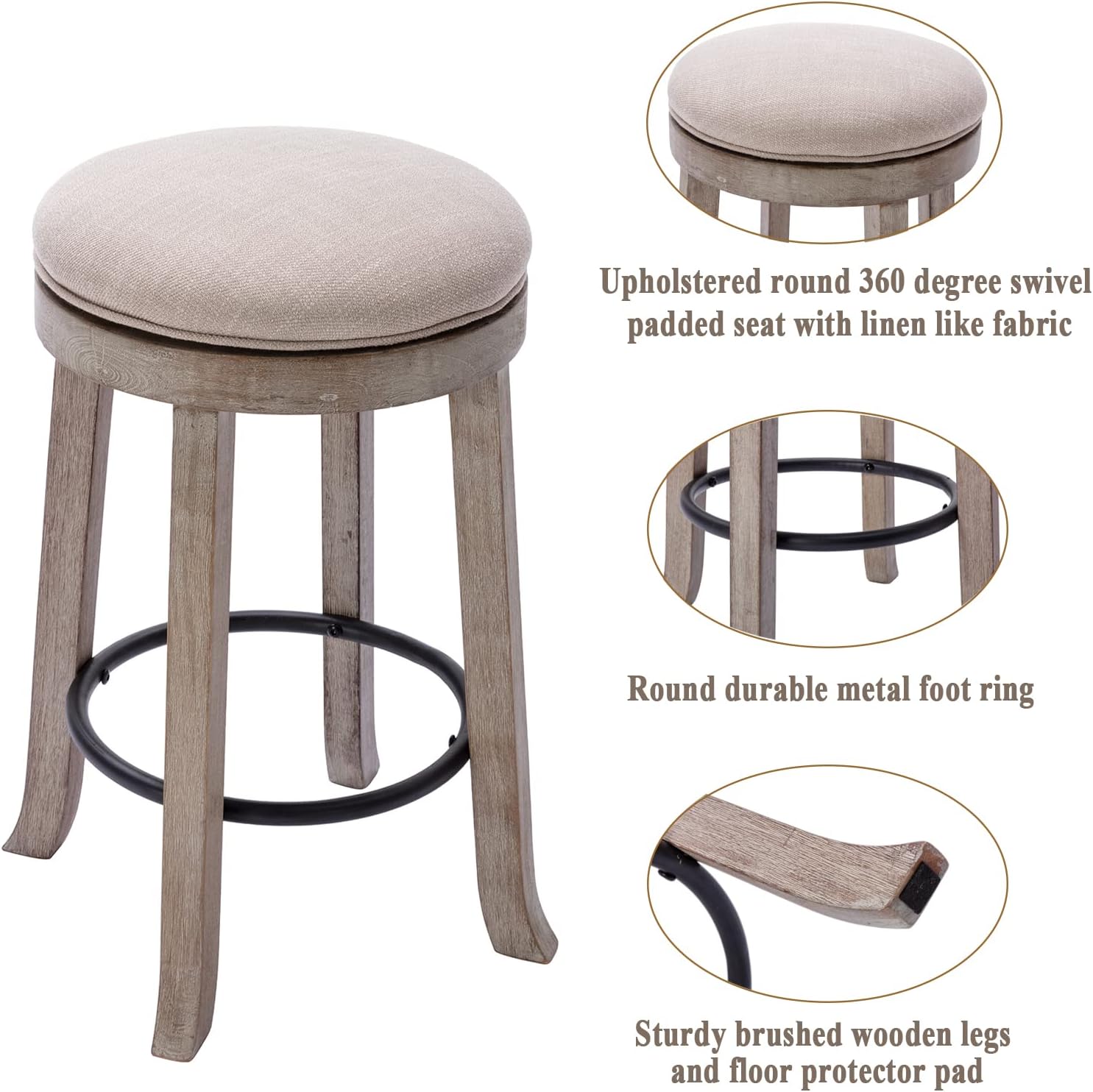 DUOMAY French Vintage Swivel Bar Stools Set of 2, 26” Counter Height Stools, Fabric Armless Barstool with Rubberwood Legs, Farmhouse Kitchen Island Chair for Dining Room Bar Coffee Shop, Beige