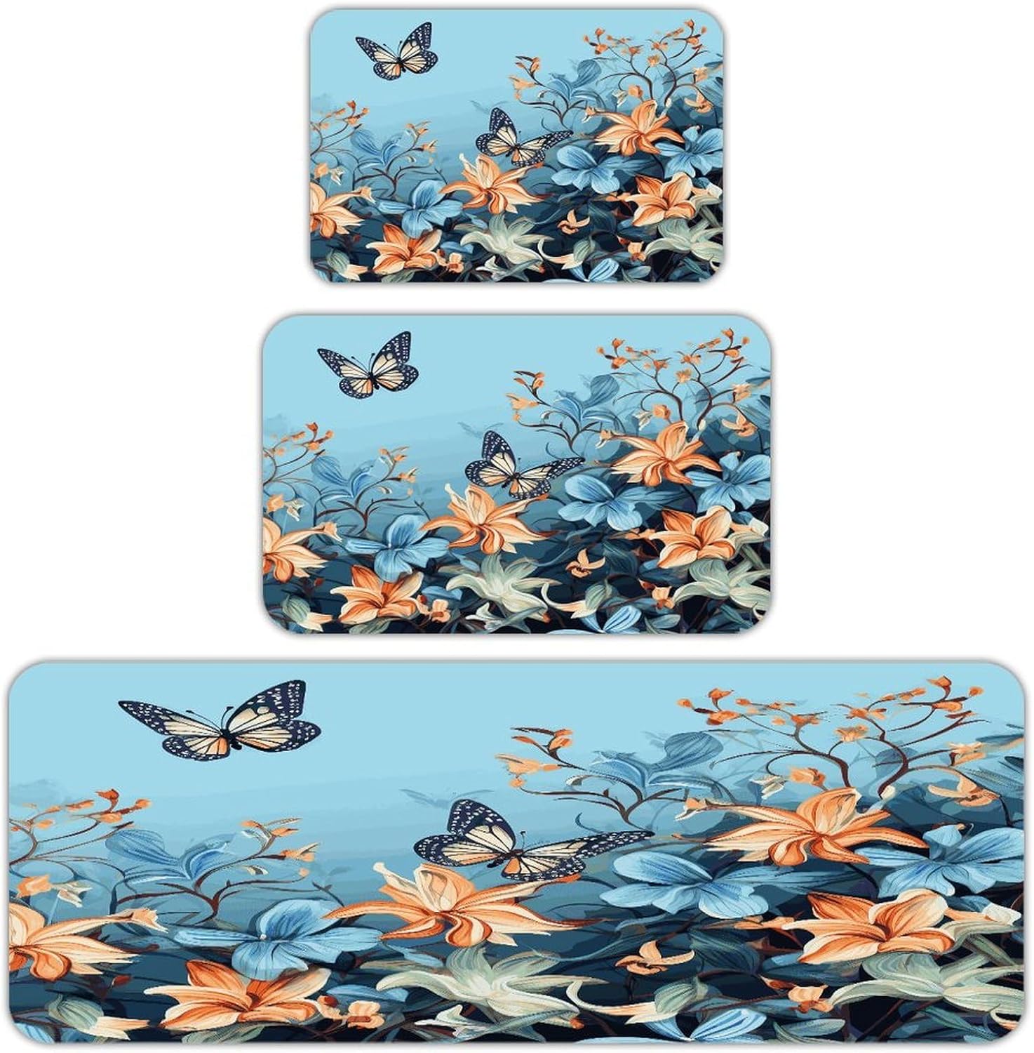 Blue Butterfly Floral 3-Piece Kitchen Rug Indoor Door Mat | Non-Slip Kitchen Mat for Profile Absorbent, Moisture-Wicking and Breathable for Bathroom Laundry Room Bedroom Home Decor