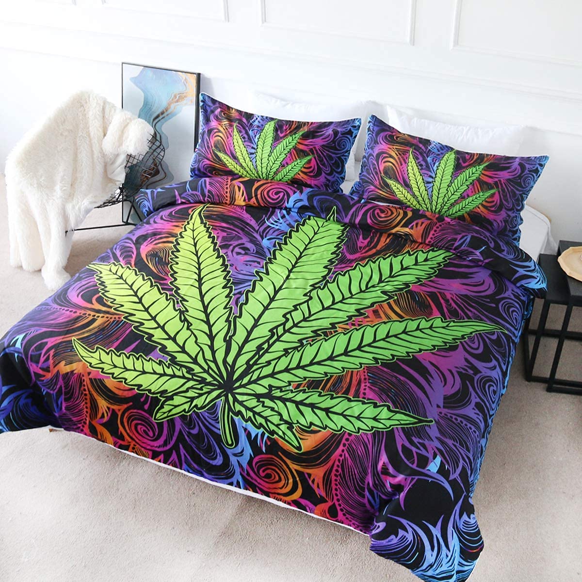 BlessLiving Duvet Cover Set Cannabis Leaf Bedding 3 Pcs Rainbow Weed Bedding Trippy Leaves Bed Set Bohemian Green Purple Twin Size Comforter Cover Bed