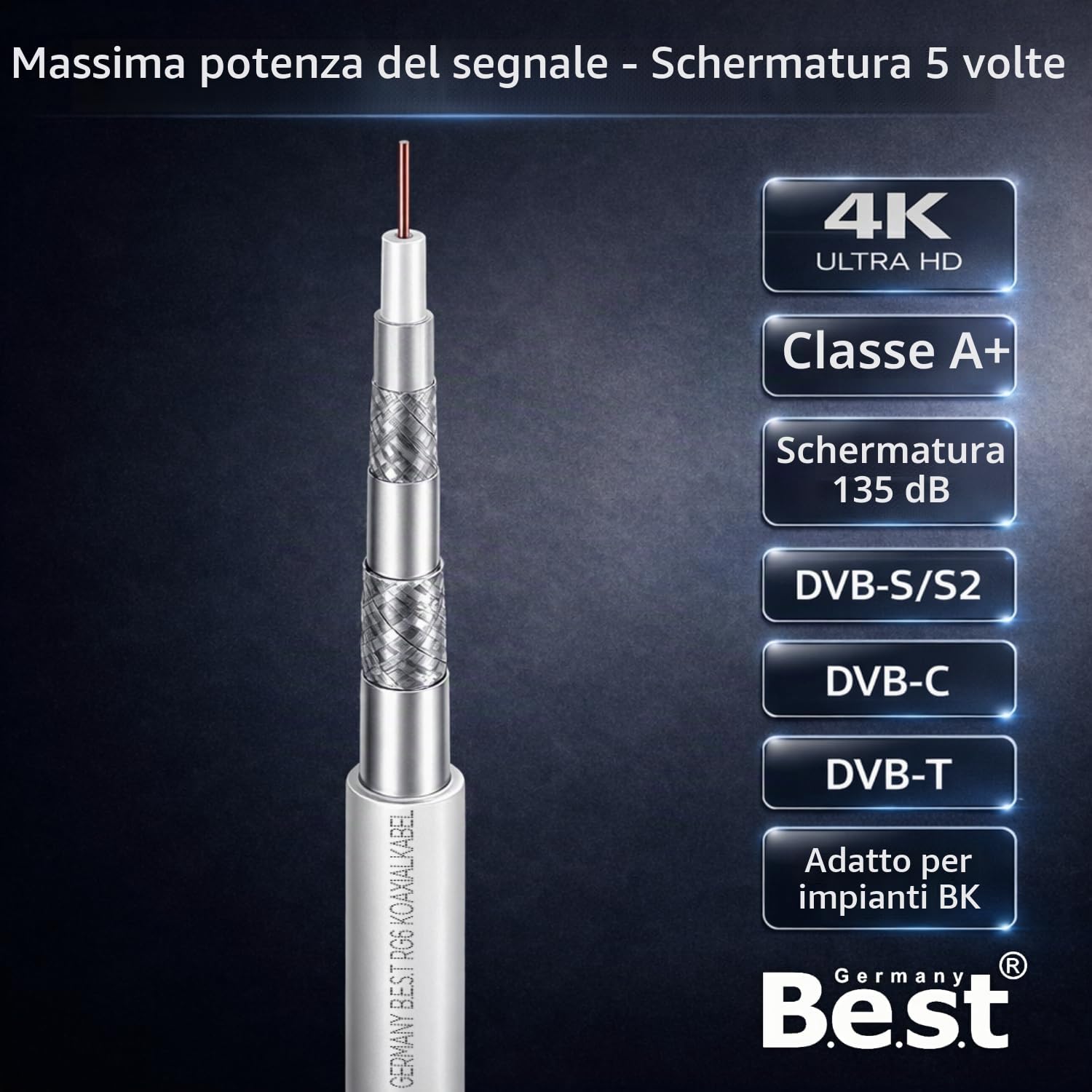 Germany B.e.s.t Cavo coassiale 100 m SAT | 4K Ultra HD | Classe A+ | Impianti DVB-S/S2 DVB-C DVB-T BK | 5 schermati | 135dB