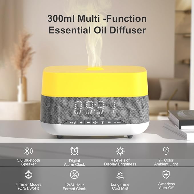 Difusor de Aromas PRIBUY 300ml con Bluetooth, Reloj y Luz Nocturna miniatura 3