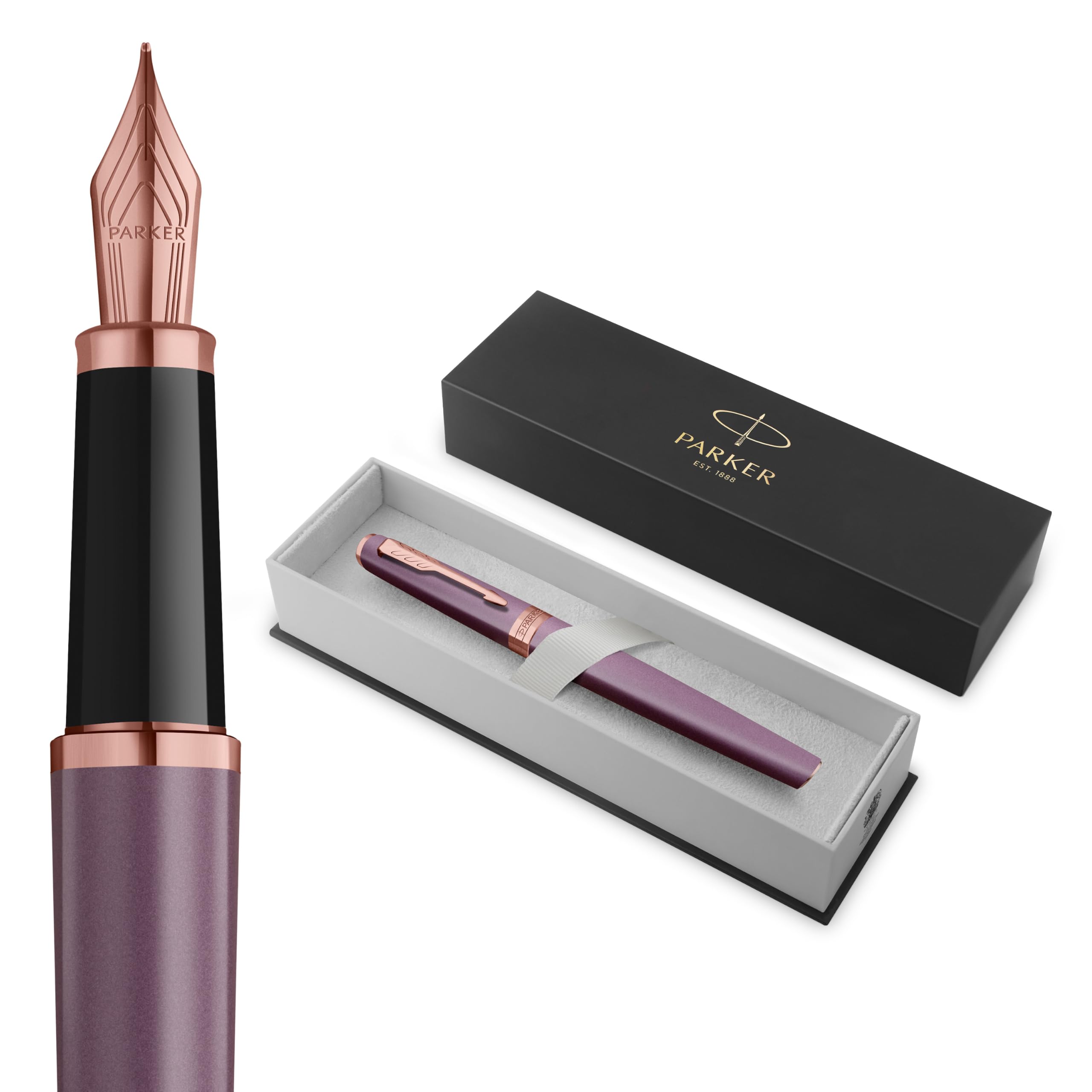 PARKER Meridian Fountain Pen | Purple Lacquer with Rose Gold Trims | Medium Nib | Handwriting Pens & Stationery Supplies | Blue Ink | Luxury Gift Box