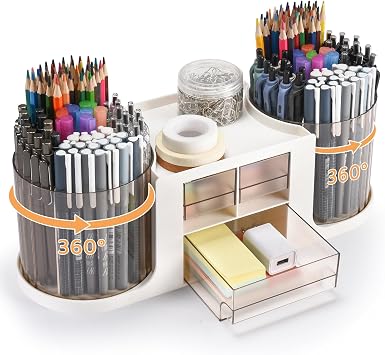 Rotating Desk Organizer with 2 Pen Holder, Desk Organizers and Accessories with 10 Slots Pencil Holder for Desk + 3 Drawer, Art Supply Storage Box Caddy for Office School Home Light Grey