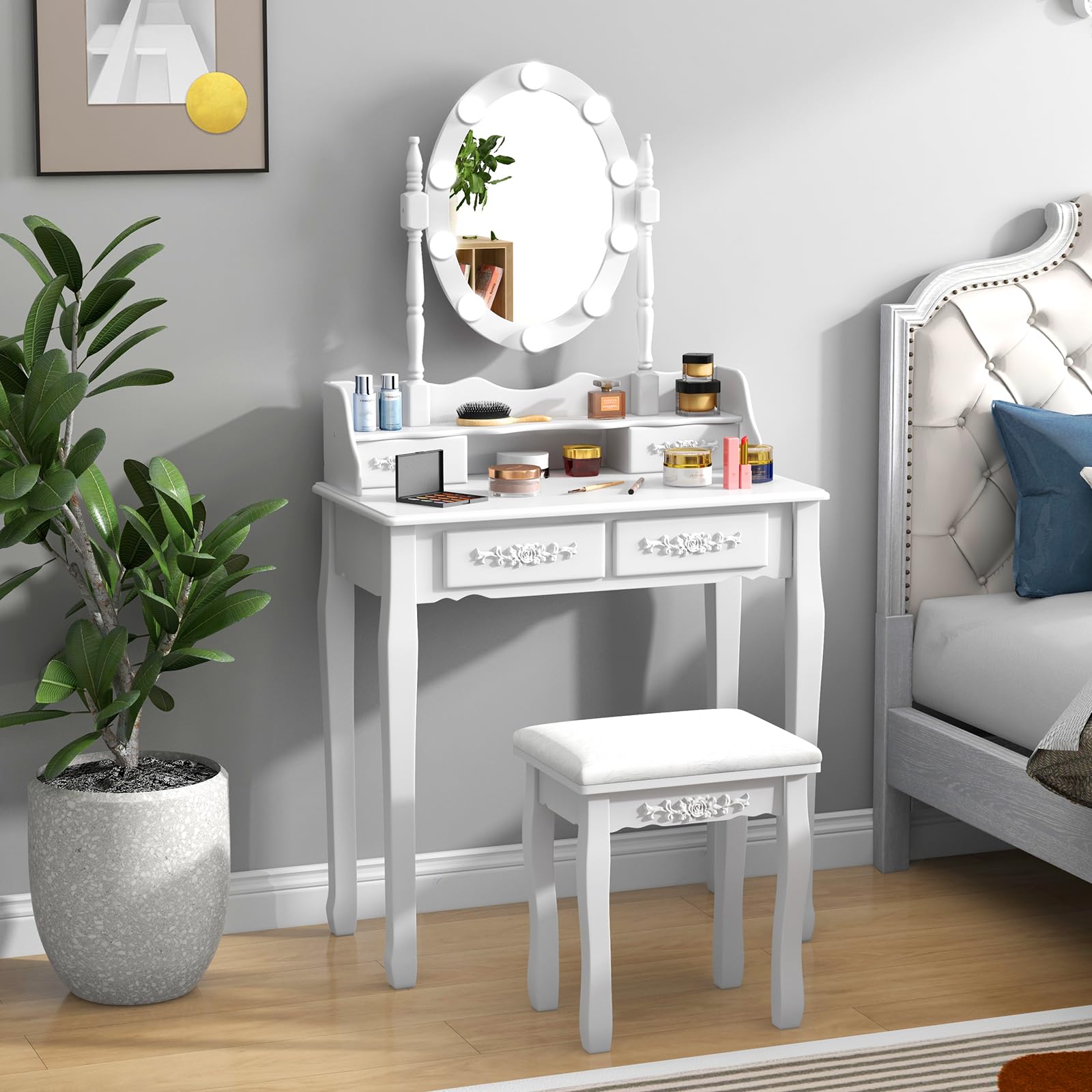 COSTWAY Toeletta da Trucco con 10 Luci LED, Set Tavolo da Trucco con 4 Cassetti e Sgabello, Specchio Girevole 360°, Consolle Toeletta per Soggiorno Camera da Letto, 75 x 40 x 145 cm (Bianco)