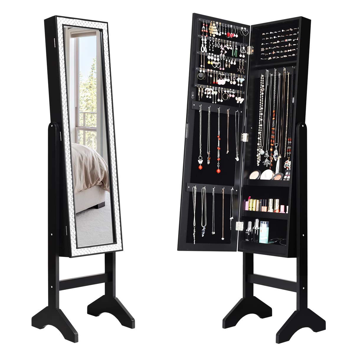 COSTWAY Sieradenkast, sieraden organisator met spiegeldeur over de volle lengte, afsluitbare vrijstaande sieradenkast met 14 LED-lampen, 4-hoekig