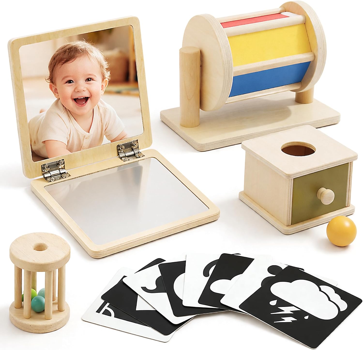 Montessori Toys for Babies 0-6 6-12 Months, Sensory Developmental Baby Toys, Tummy Time Toy - 5 in 1 Wooden Learning Toy Set, High Contrast Cards, Mirror & Spinning Drum for Newborn Infant Gift