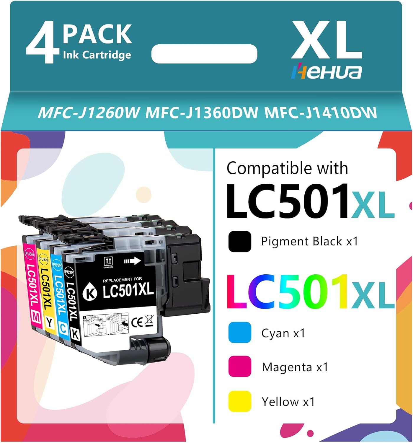 hehua LC501XL Ink Cartridges LC501 Series Inks (4-Pack,2,000 Pages) Compatible for Brother LC501XL Ink Cartridges LC501 XL for Brother Work Smart 1360 MFC-J1360DW Ink Cartridge MFC-J1260W MFC-J1410DW