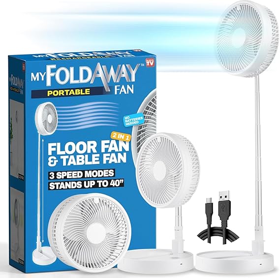 My Foldaway Rechargeable Fan Portable, Portable Fan Extends from 4-40, Travel Fan for Sleeping, Collapsible Desk Fan, Quiet, 10 Hour Battery Life, 3 Modes, As Seen on TV