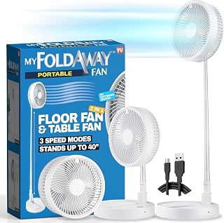 My Foldaway Fan Rechargeable Fan | Ultra Portable Lightweight Compact Fan | Extends from 4”- 40” | 3 Speed Modes | 10 Hour Battery Life | Desk Fan, Office & Bedroom Use | Whisper Quiet | As Seen on TV