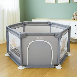 Baybee Neo Kids Playpen for Babies | Baby Activity Playards with Zipper Lock & Corner Protection | Baby Play Area Indoor Setup with Hexagon shape for Extra Space | Outdoor Play Pen for Baby up to 5 Years (Grey)