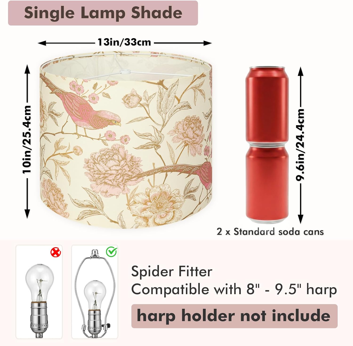 Floral Bird Print Drum Lamp Shade(1 Pack), 13" x 13" x 10", Spider Fitter – Medium Table Lampshade for Modern Farmhouse, Cottagecore & Coastal Home Decor – Warm & Cozy Ambience,Easy Assembly