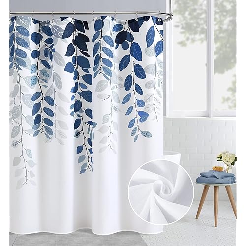 BOODII Blue Leaves Shower Curtains for Bathroom Spring Floral Plant Leaves Shower Curtain Narrow Vine Succulent Botanical Bath Curtain Linen Like Texture Ink Natural Bathroom Decor 54x72