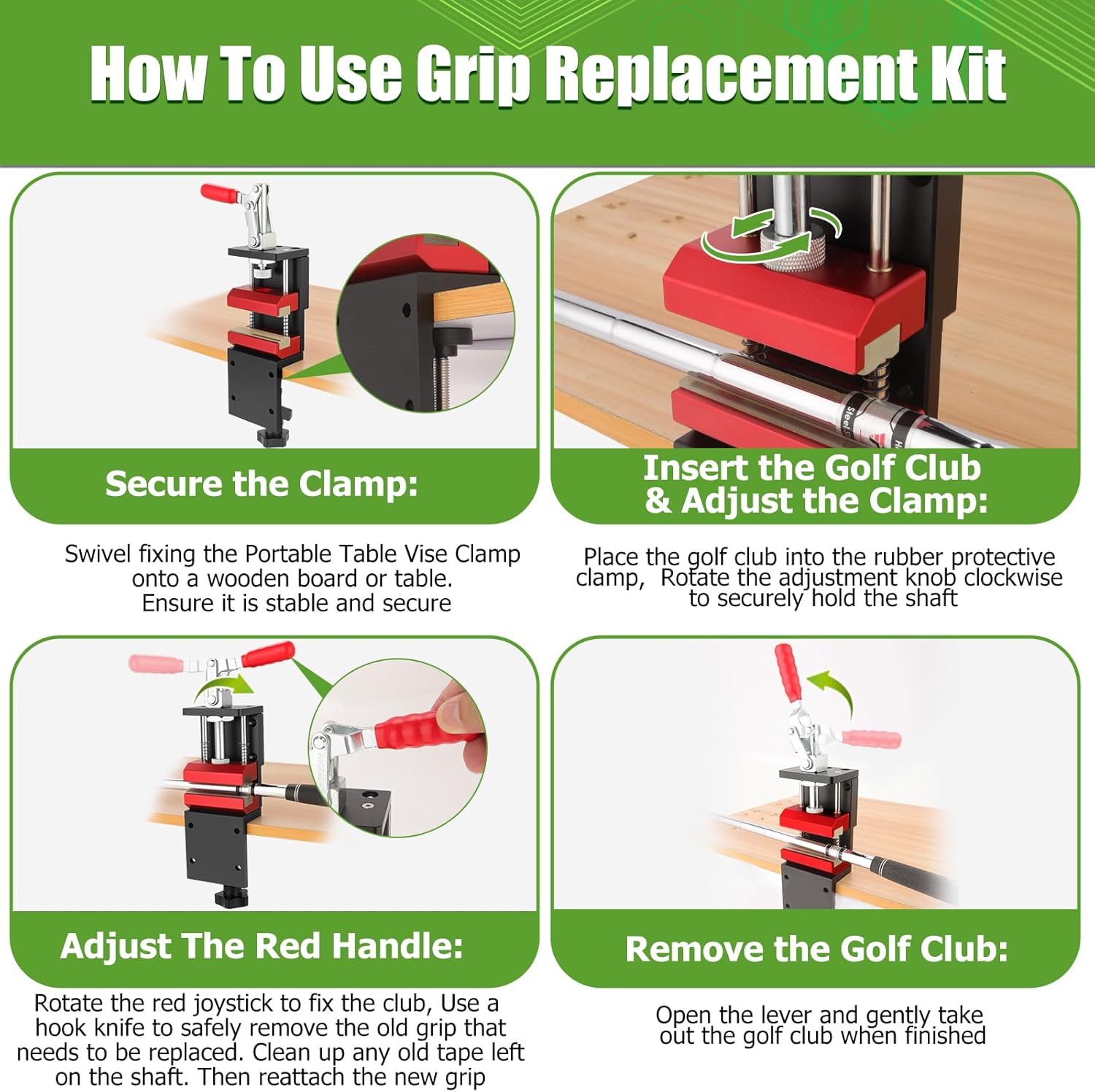 Golf Grip Kit for Regripping, 2-in-1 No Drill Aluminum Golf Shaft Clamp, 360° Swivel Portable Table Vise, Golf Club Regripping Kit, Golf Repair Kit Removal Tool