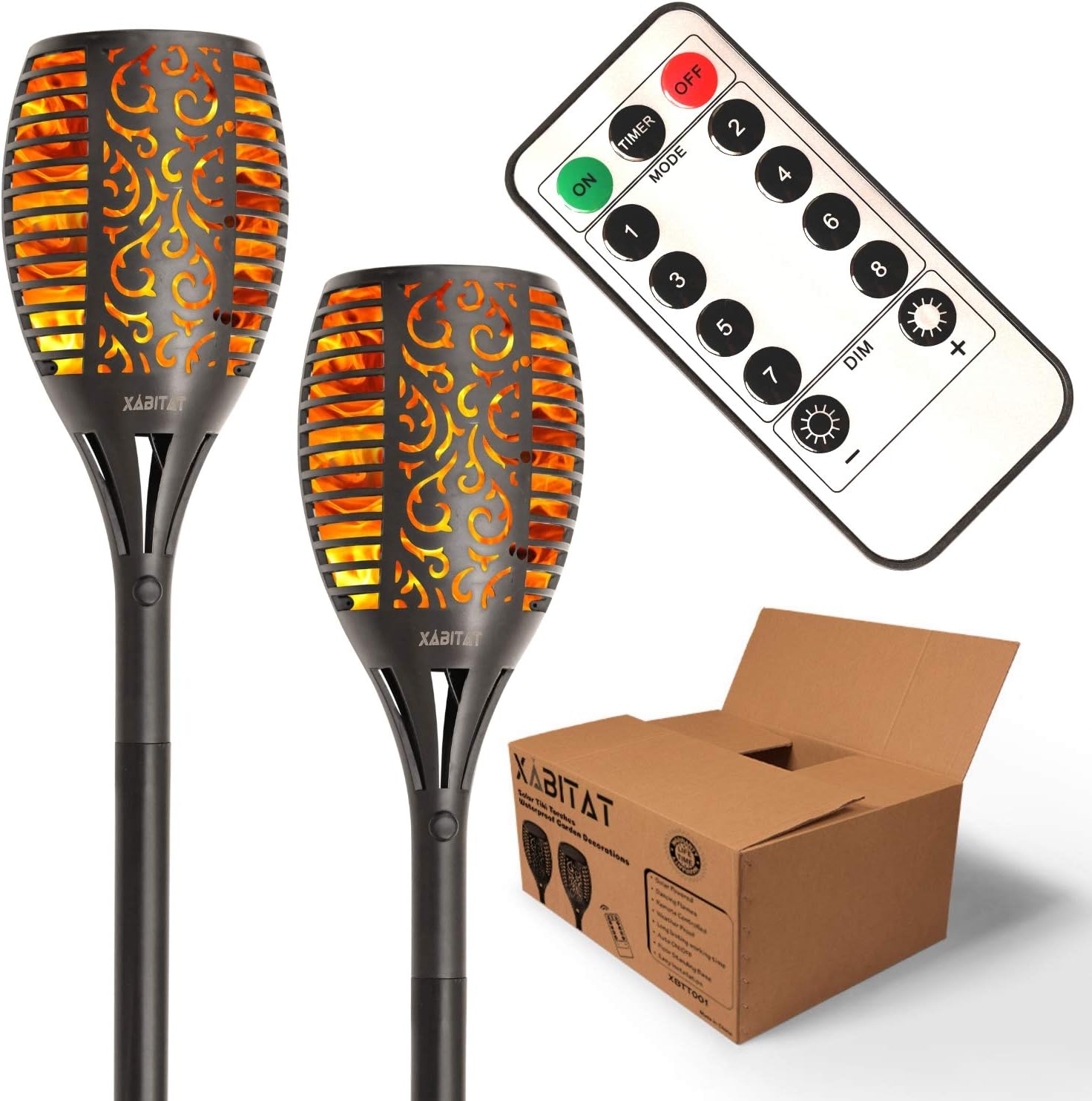 Xabitat Solar Tiki Torch Lights - Remote Controlled Flickering Flame Yard Decorations - LED Waterproof Outdoor Lighting - Patio and Pathway Decor - Suits Lawn Deck and Driveway Decoration - 2 Pack