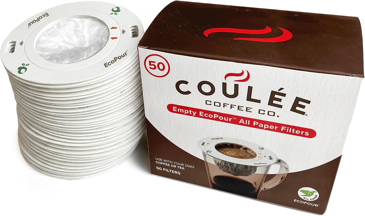 EcoPour Empty Coffee Filters, Compostable All Paper Single-Serve Pour Over Filters for Coffee or Tea, Portable & EcoFriendly, 50 Pack