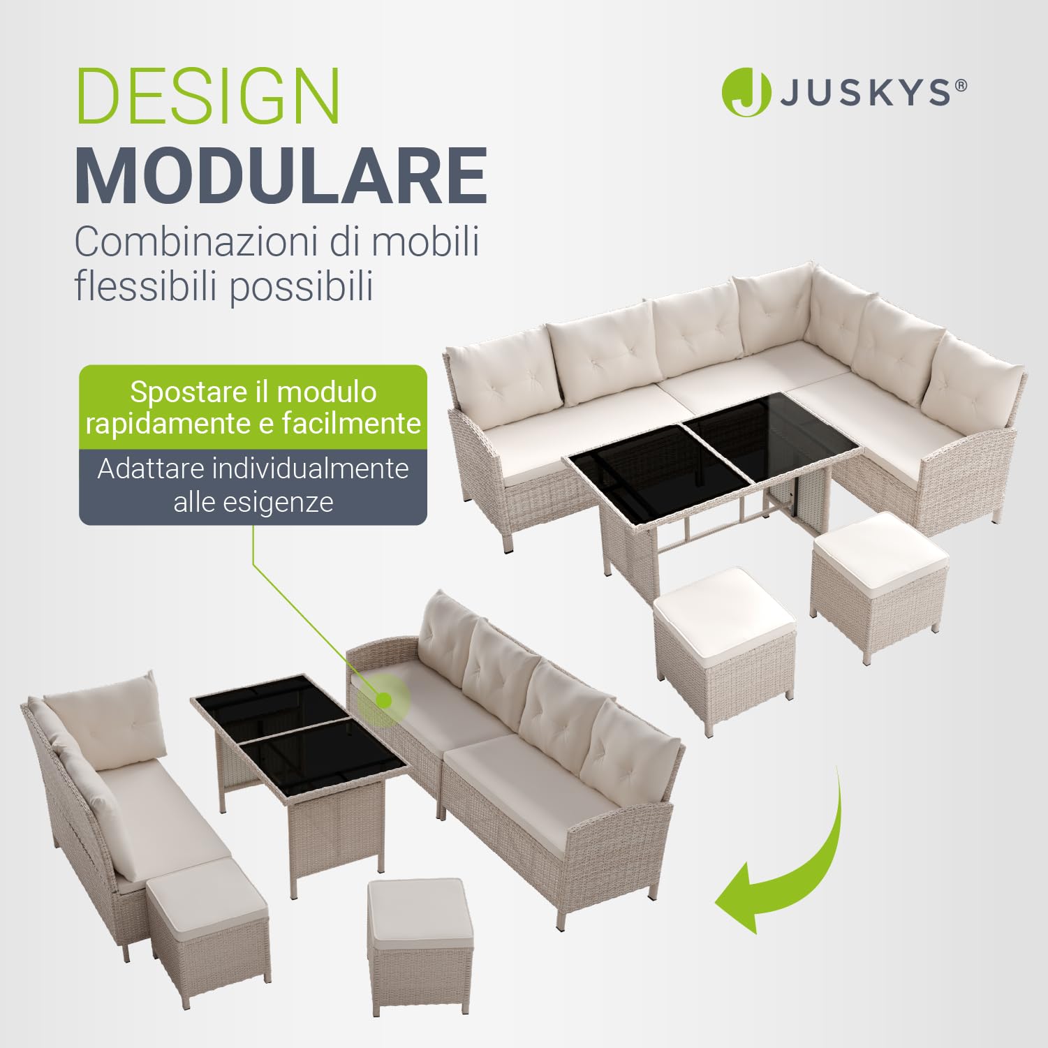 Juskys® Salotto da giardino Manacor in rattan sintetico con divano modulare, tavolo pranzo, sgabelli + cuscini crema/sabbia arredo esterno durevole 7 persone