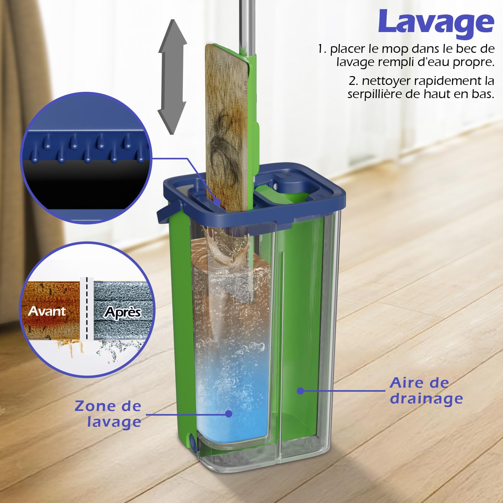 Serpillère Seau Essoreur, Balai Serpillière Plat Microfibre avec 5 Serpillères Réutilisables, Serpillère et Seau Essoreur avec Manche INOX, Serpillere Balais Nettoyer Sol(Vert)