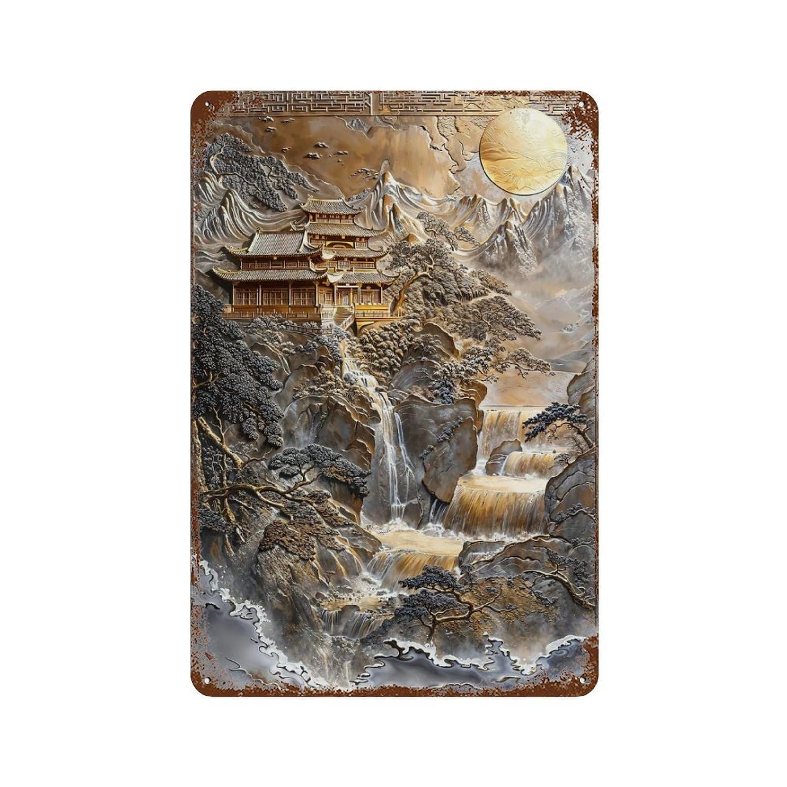Golden Japanese Zen Haven 11.8"x7.9" Aged Metal Wall Plaque, Classic Wall Plaque for Basement, Hobby Room And Garage Decor