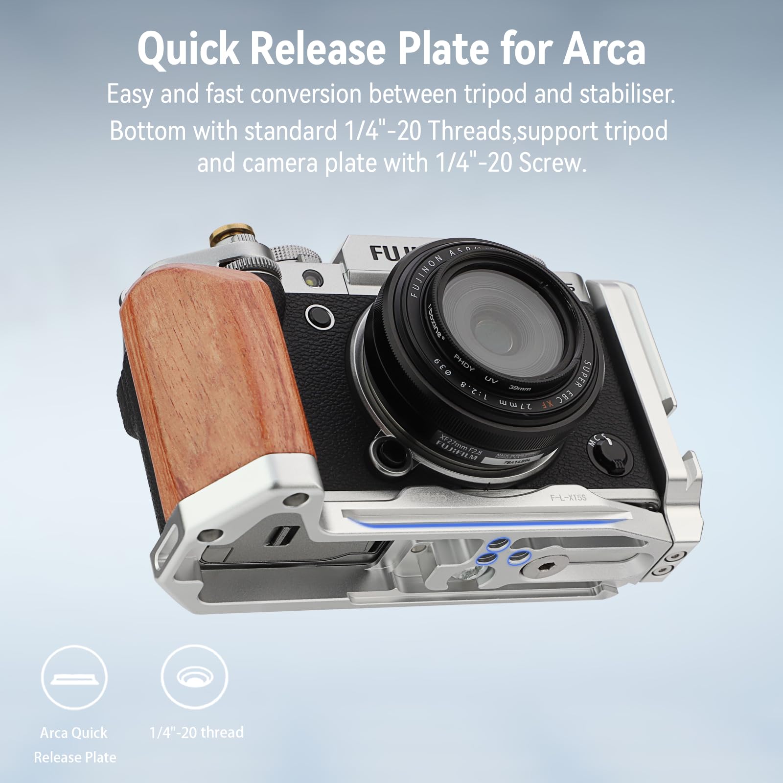 Leftfoto XT5 Maniglia a forma di L con impugnatura in legno per fotocamera Fuj XT5, con piastra a sgancio rapido Arca inferiore integrata, con pulsante di scatto in rame..