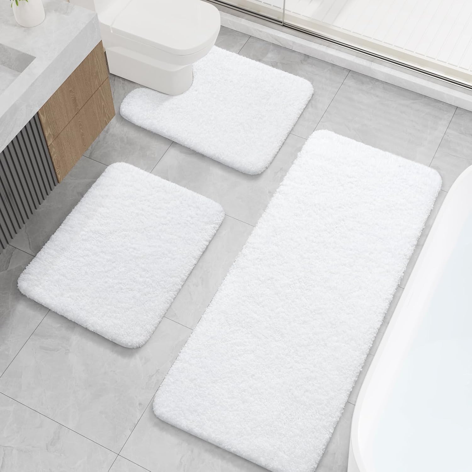 LOCHAS Bathroom Rugs Sets 3 Piece, Microfiber Long Bath Rug Set Non Slip Washable, Shaggy Toilet Rug Set Absorbent, Soft Cozy Bath Mat Set Quick Dry, White
