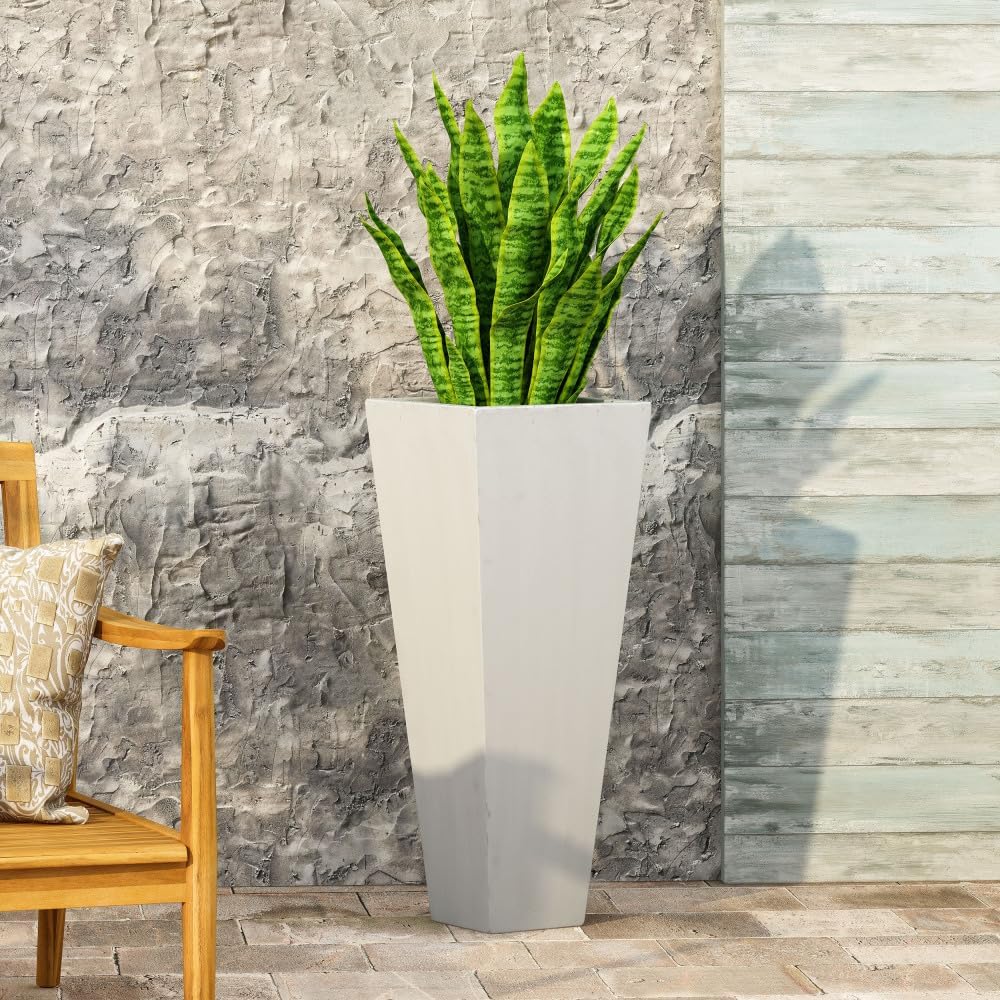 Modern 13 Inch by 32.5 Inch Black MGO Cast Stone Outdoor Planter for Patio, Garden, or Balcony Landscaping Decor (Matte White + Magnesium Oxide)