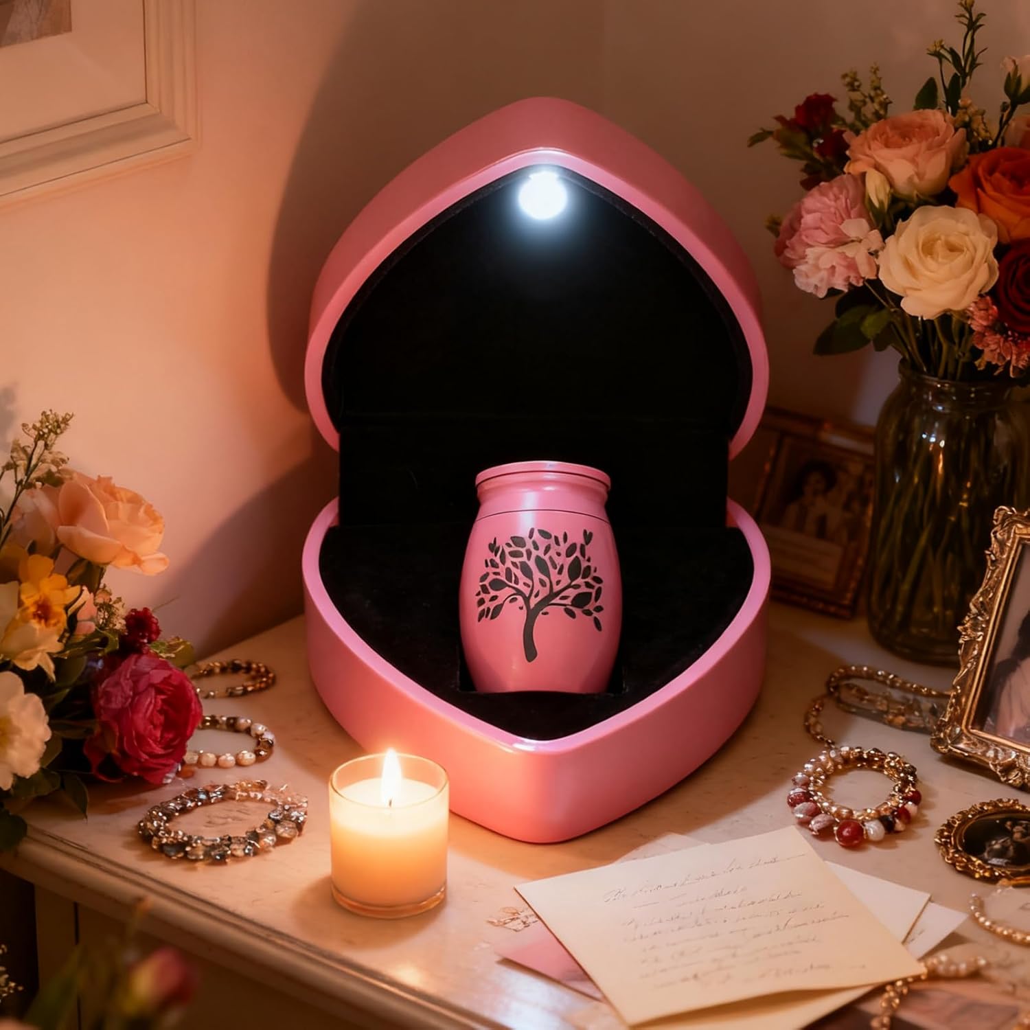 Small Urns for Human Ashes Keepsake - 1.6" Pink Mini Cremation Urn with Necklace Heart Box - Very Feminine Pretty Tiny Funeral Urn - Little Miniature Urn Memorial Gift for Baby Mom Sister Women Female - Image 6