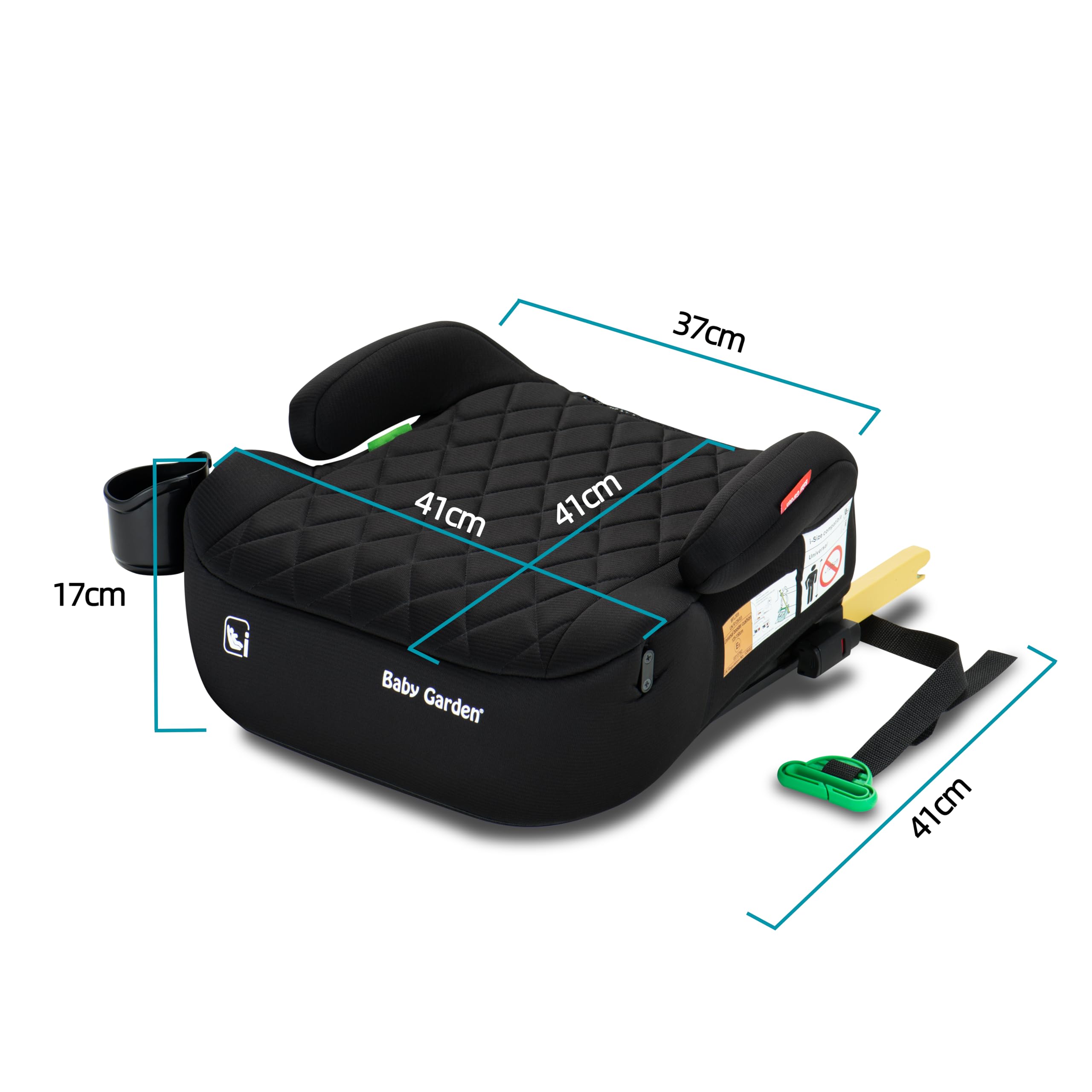 Baby Garden Kindersitzerhöhung mit ISOFIX, 125-150 cm (22–36 kg), Gruppe 2 und 3, mit Armlehnen, Getränkehalter & Gurt-Nackenschutz - i-Size geprüft - Schwarz