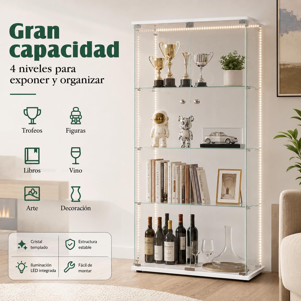 Vitrina de Cristal con LED y Cerradura, Armario Vitrina 78,5 x 35 x 163 cm, Vitrinas de Exposición de 4 Niveles con Estantes Regulables, Mueble Vitrina para Salón, Oficina, Figuras y Libros,Blanco-D