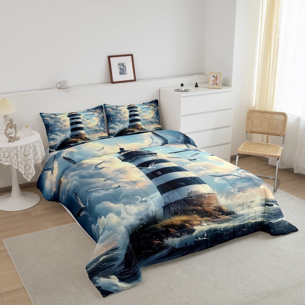 Feelyou Lighthouse Comforter King Size Seagull Ocean Sea Comforter Set for Boys Girls Coastal Beach Bedding Set Room Decorations Duvet Set 3Pcs，1 Comforter+ 2 Pillow Shams