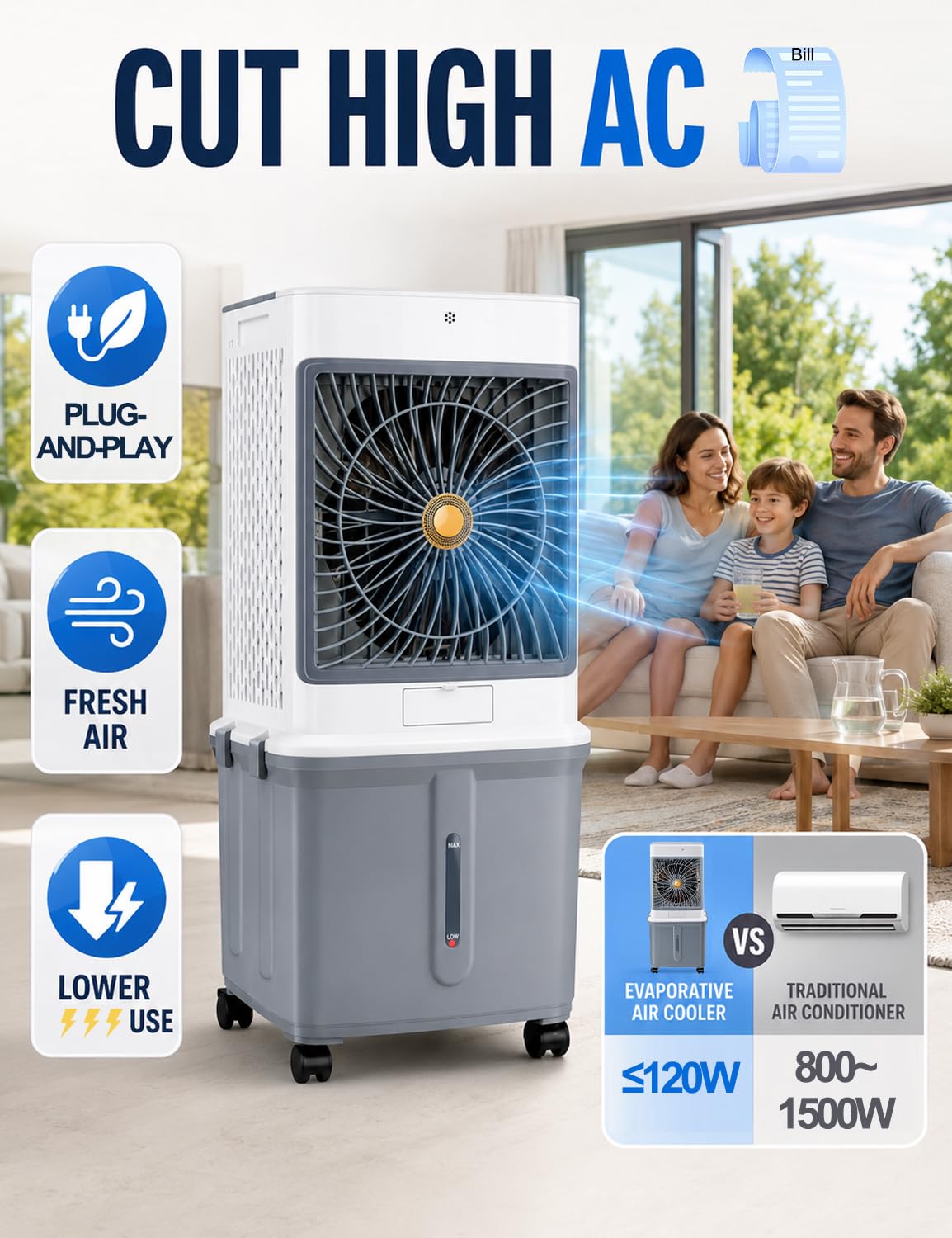 Swamp Cooler, 10GAL Portable Air Conditioners Evaporative Air Cooler | 120° Swing & 3 Speeds, Windowless AC Unit Cooling Fan That Blows Cold Air with Detachable Tank for Garage, Patio, Apartment