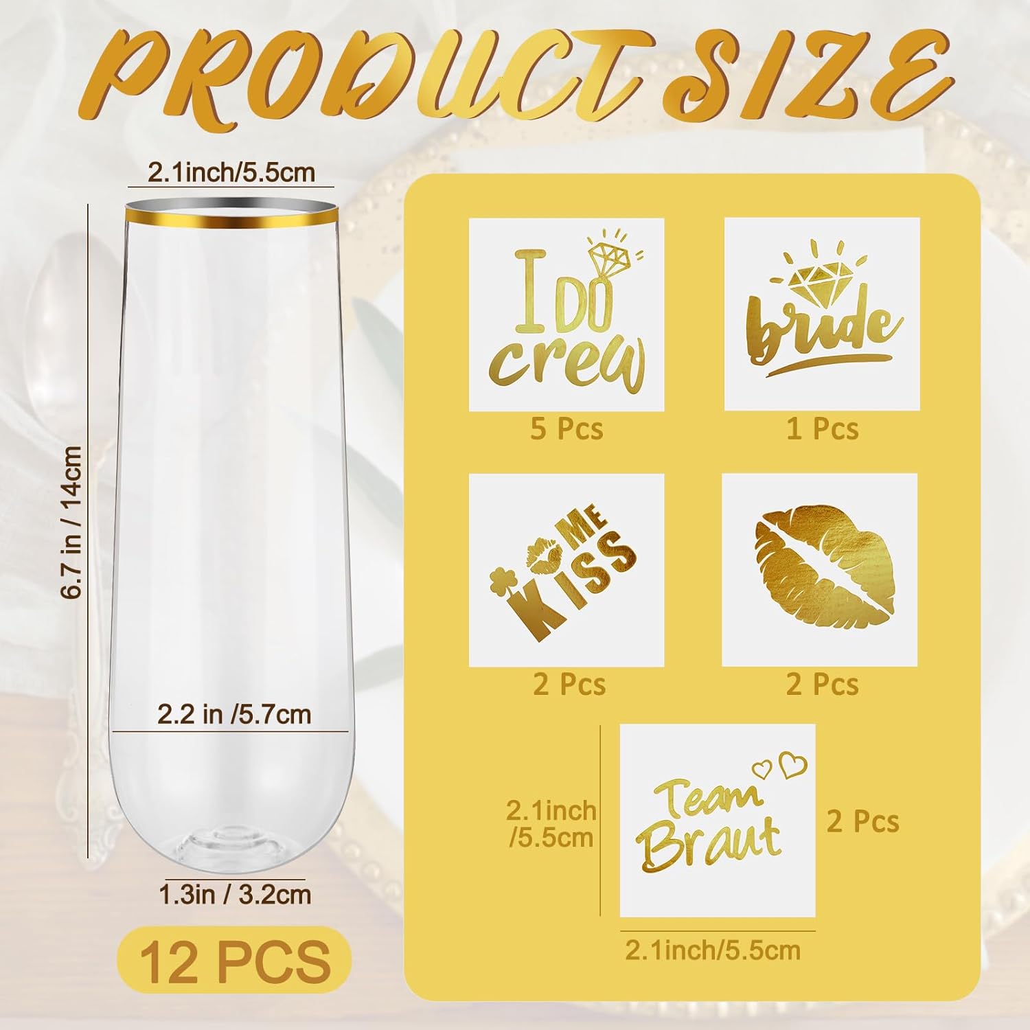 12 Pcs Bridesmaid Wine Glasses Bachelorette Party Champagne Flutes 9oz Disposable Stemless Glass Champagne Flutes Gold Rim Toasting Glasses for Weddings and Parties with 12 Pcs Stickers - Image 2