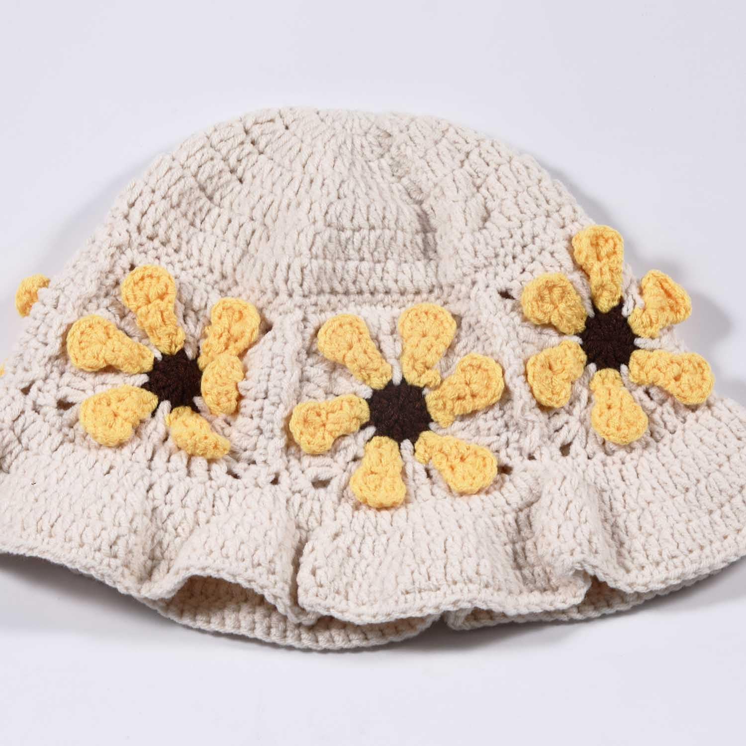 Crochet Bucket Hat for Women Flower Knit Hat Hollow Out Foldable Cap Hats - Image 3