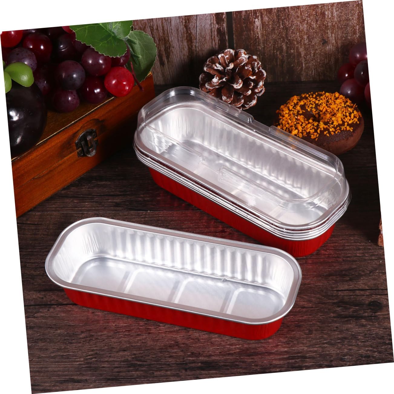 10pcs Disposable Aluminum Foil Baking Boxes Rectangular Bakeware for Cupcakes Muffins Desserts Food Safe Oven Freezer Safe Festive Red