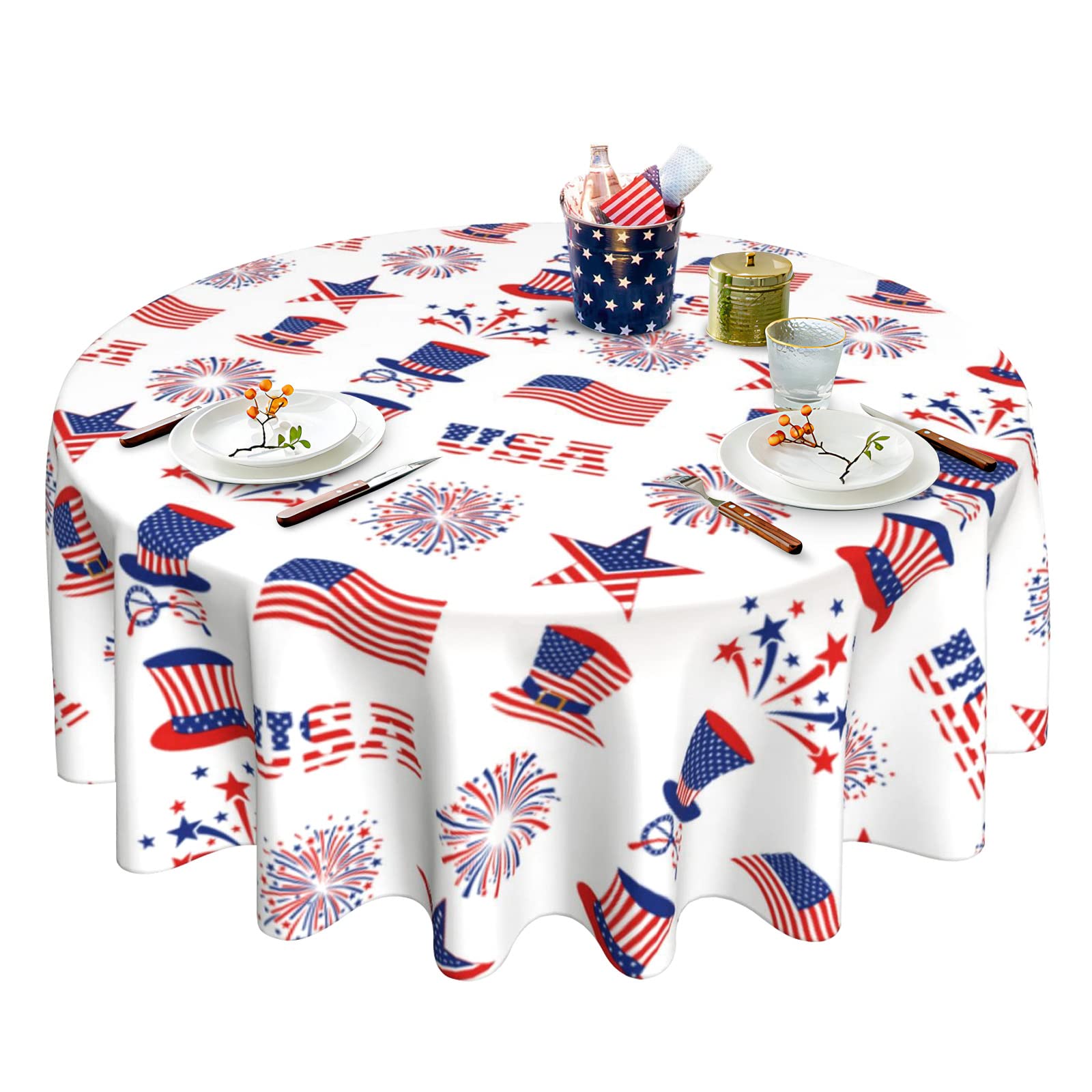Runde Tischdecke Für 4. Juli Party – Sterne Und Streifen, Mit Weißer Spitze, 152 Cm, Aus Polyester