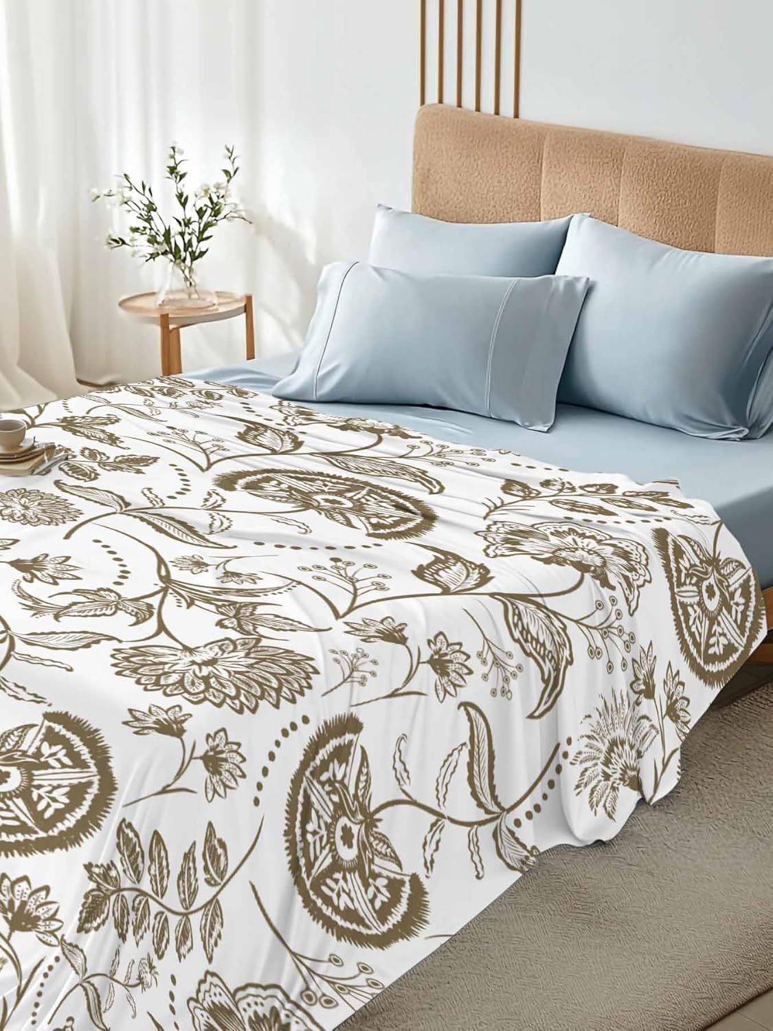 King Flat Sheet, Brown Farmhouse King Bed Sheets Only, Soft Microfiber Flat Sheet, Floral Floral Plant Leaf Vintage Spring Hotel Quality Bedding Top Sheet Bedroom Home Dorm Decor