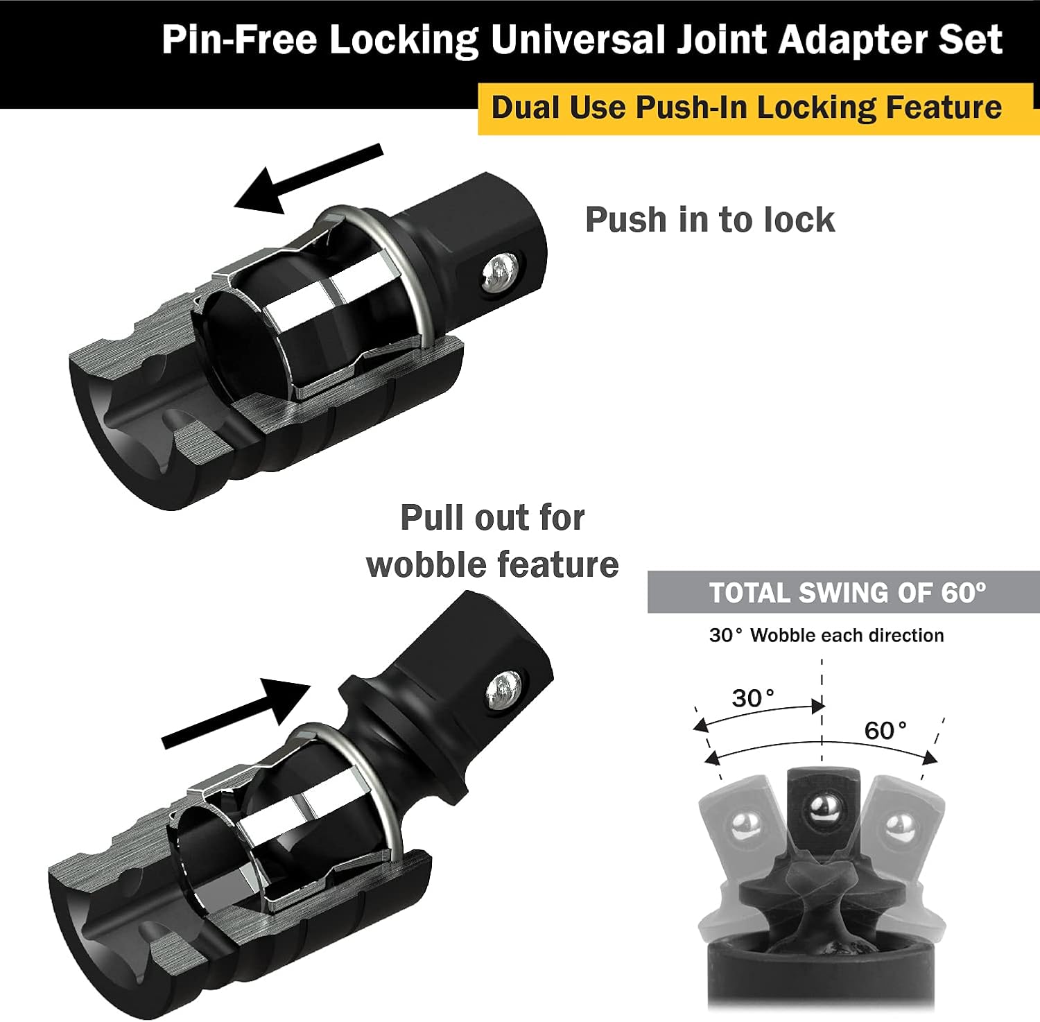 Titan 16151 1/4", 3/8" and 1/2" Drive Pin-Free Locking Impact Universal Joint Set (3 Piece)