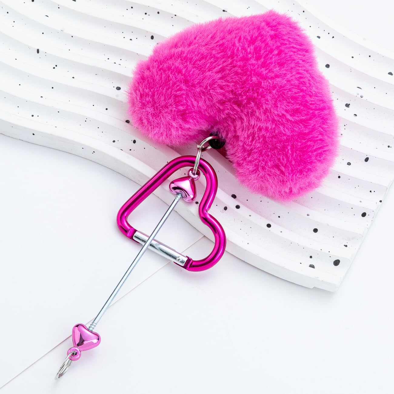 Beadable Heart Pom Pom Keychain Blank Bar with Snap Hook Faux Fur Fluffy for DIY Craft Making Kit