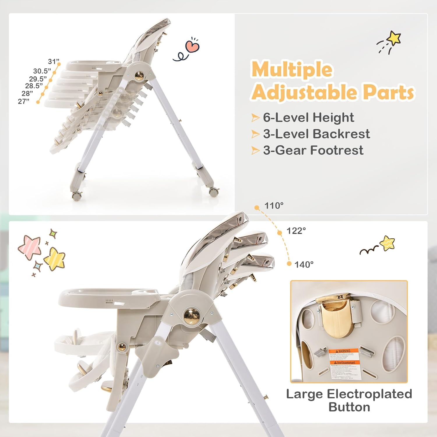 HONEY JOY Baby High Chair, Foldable High Chairs for Babies and Toddlers, Adjustable Heights, Recline Backrest & Footrest, Double-Layer Tray & Cushion, Portable Infant Highchair with Wheels (Gray)