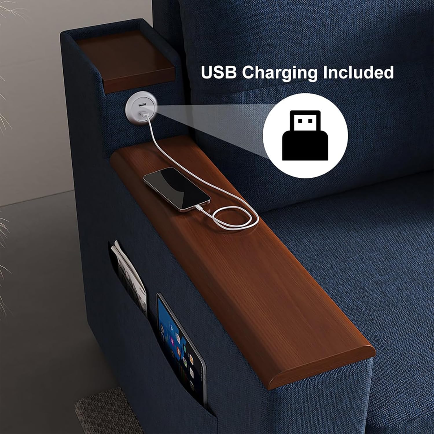 Close-up of the USB charging port on the sofa armrest with a smartphone connected and charging.