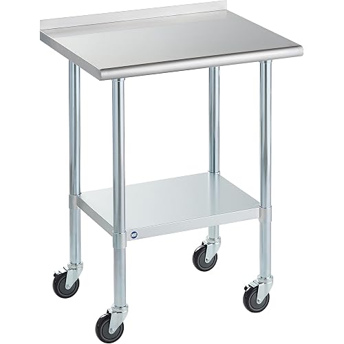 Rockpoint Stainless Steel Table for Prep & Work with Backsplash and Caster 30x24 Inches, NSF Metal Commercial Kitchen Table with Adjustable Under Shelf and Table Foot for Restaurant, Home and Hotel