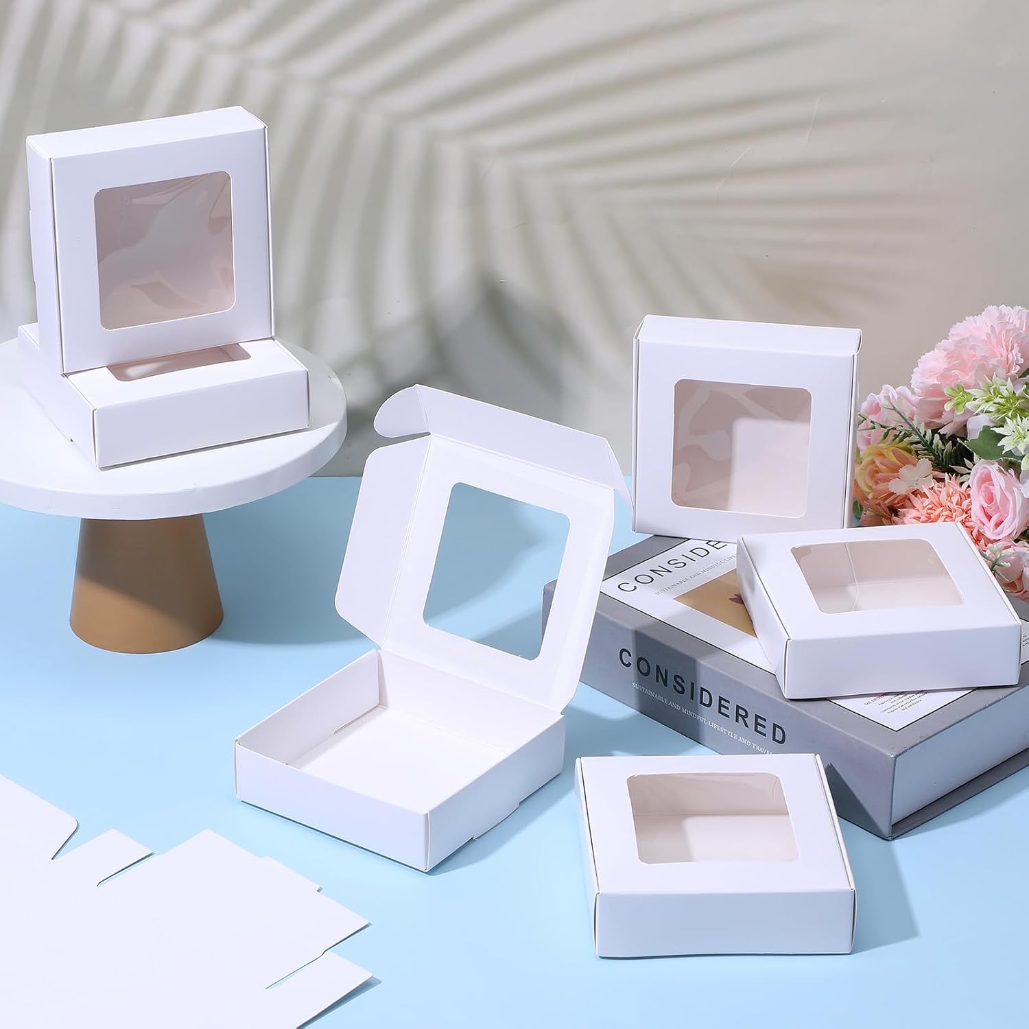 AojSup 60 Pcs White Cookie Boxes With Window 4.3 x 4.1 x 1.2 Inch Candy Packaging, Small Gift Boxes, Soap holder, Mini Treat Packaging for Bakery Chocolate Jewelry Display(White) image 2
